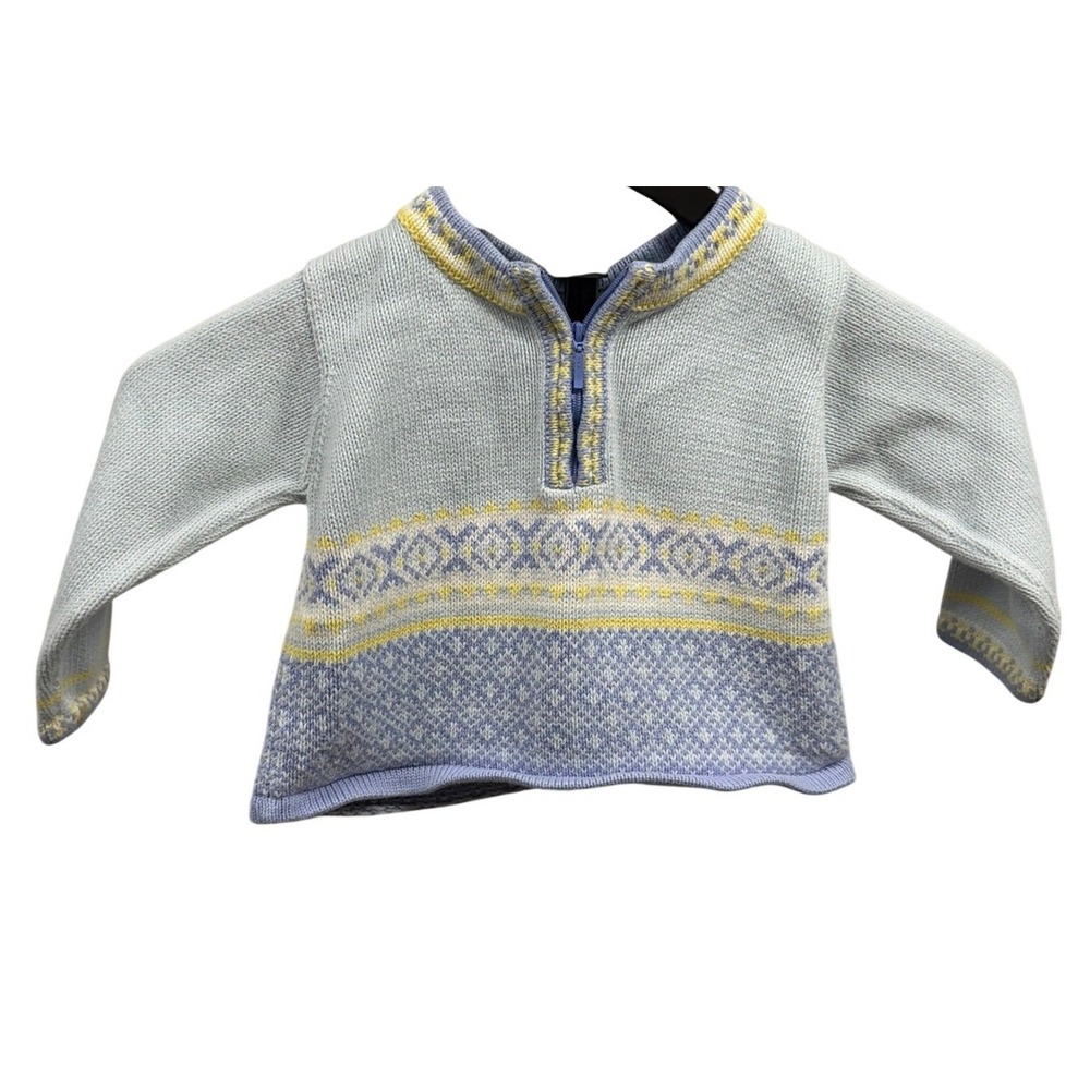 Hanna Andersson Baby Girls Blue and Yellow Nordic Print Knit Quarter Zip Sweater